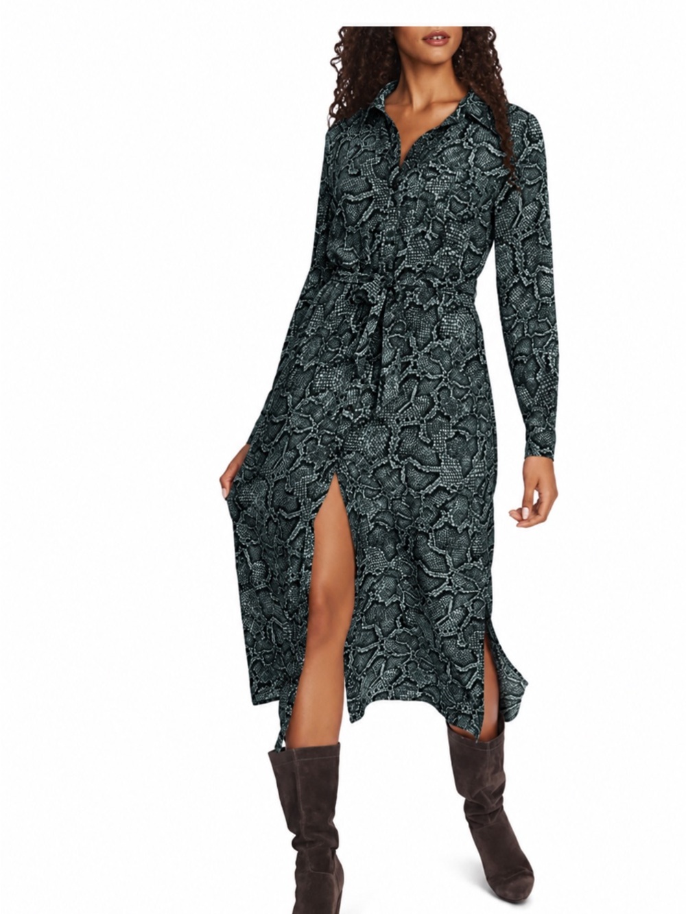 1.State Women's Long-Sleeve Snake Print Shirt Dress - Green/Black